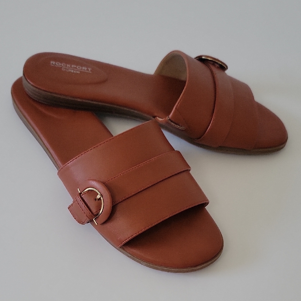 Women's Rockport Brown Leather Flat Open Toe Slide Sandals With Buckle Size 10